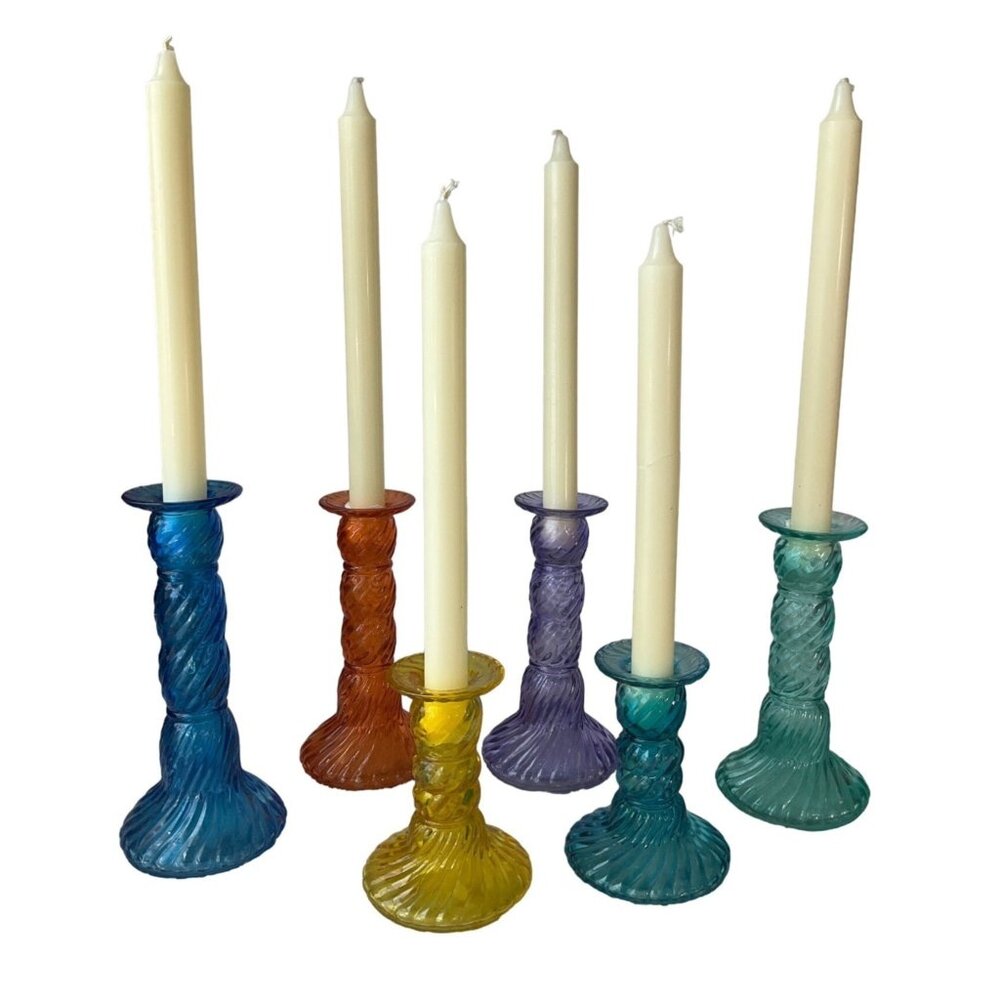 Vintage May Department St. Rainbow colorful glass candle stick holders set of 6 - Picture 1 of 16